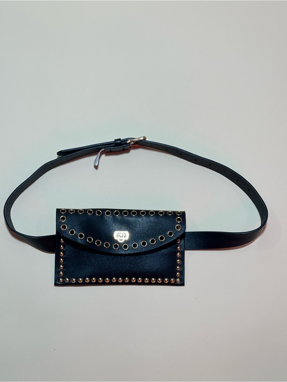 Black faux Leather Studded Belt Bag with Gold Hardware
